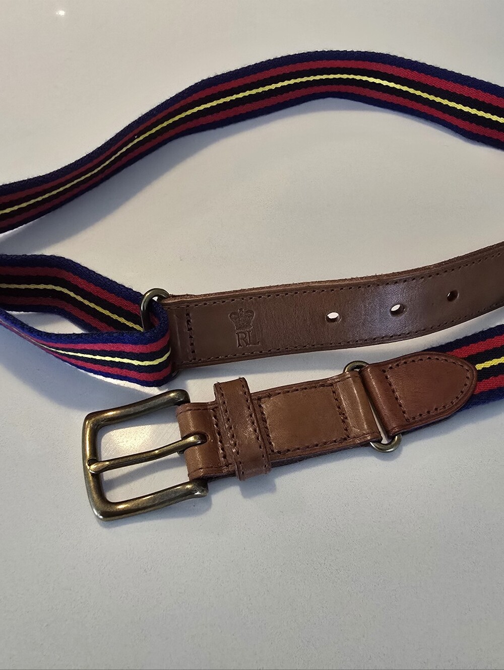 Ralph Lauren Brown Leather & Navy Striped Webbing Belt